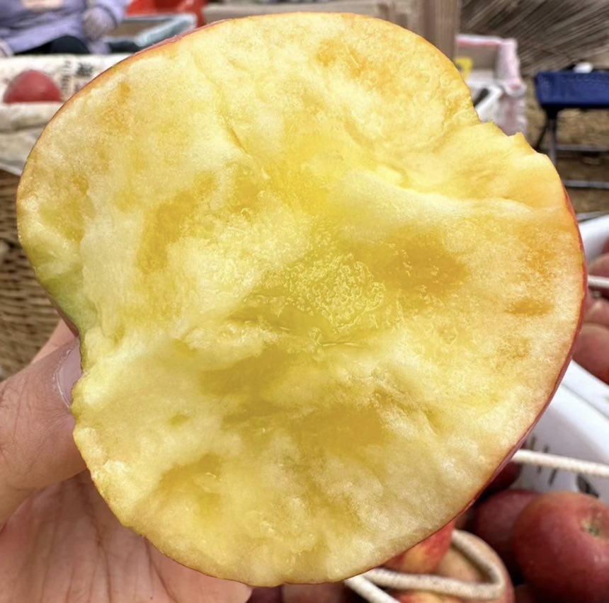 一个新鲜的红富士苹果被横向切开,露出白色的果肉和中心的籽核,果皮呈红黄相间,表面有自然光泽,背景为木质砧板,强调食材天然属性 苹果切片特写,展示果肉与果皮结构