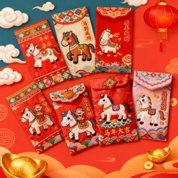 快易典2026马年抖音同款仿真5D裸眼立体感刺绣马红包封过年