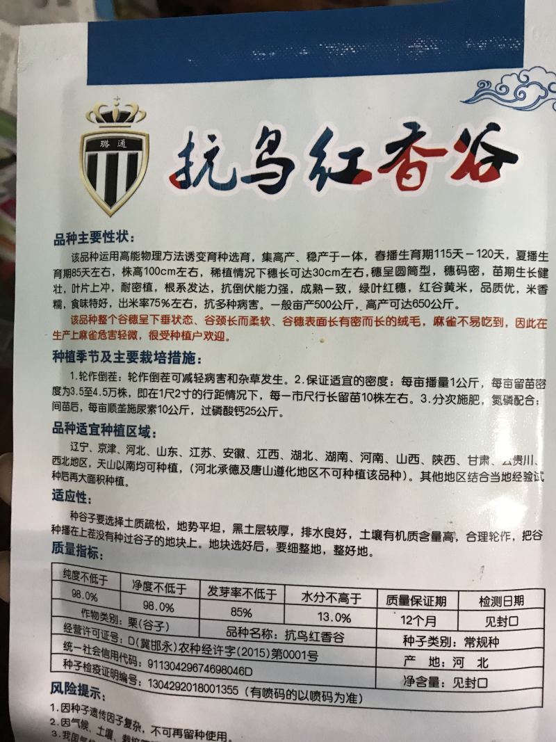 抗鸟红香谷种子谷子种子小米种子抗病抗倒伏高产