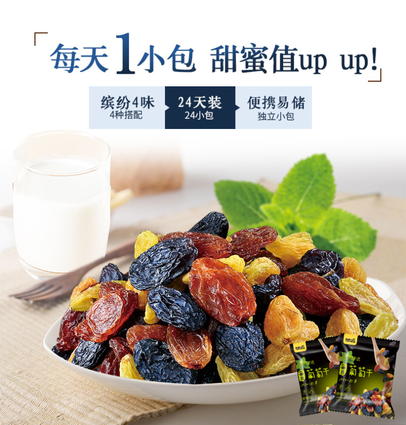 甘源每日葡萄干75gX10袋新疆特产无核免洗四色葡萄干小