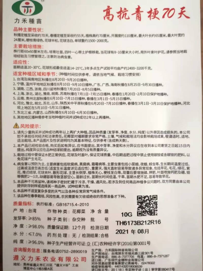 高抗青梗60-80天小米粒台湾力禾种苗有机花菜种子松花菜