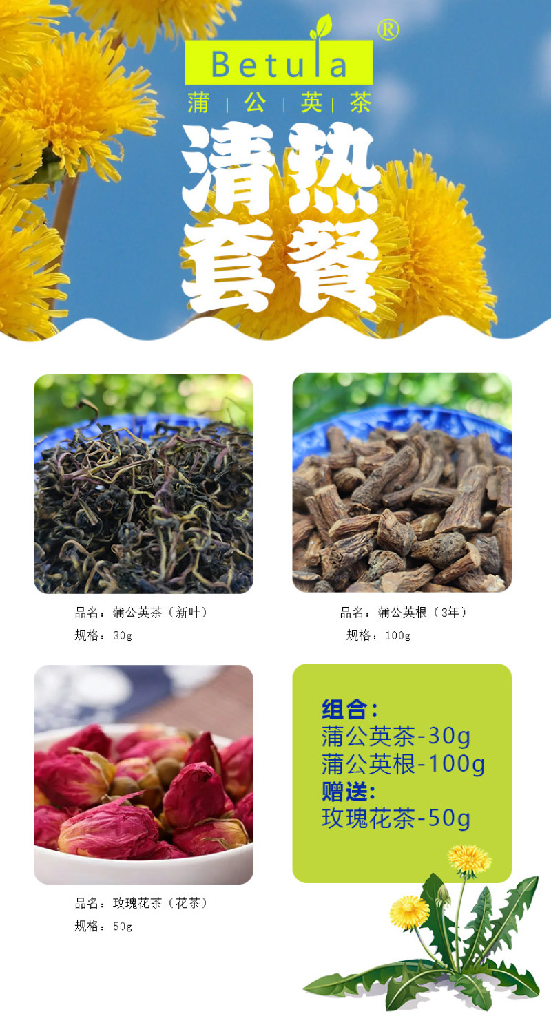 野生蒲公英茶30g蒲公英根100g赠送玫瑰花50g