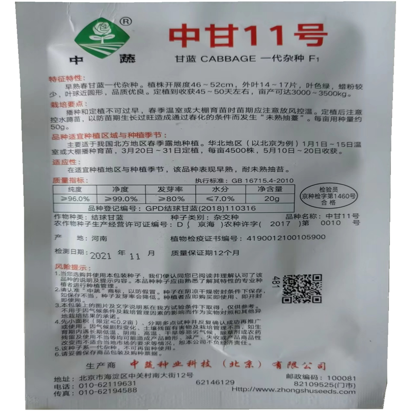 中甘11甘蓝种子早熟春圆包菜种子高产黄心卷心菜种子农科院