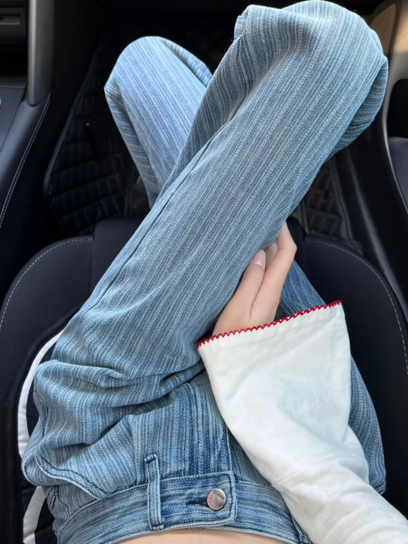 韩版简约直筒牛仔裤女高腰显瘦休闲阔腿长裤子
