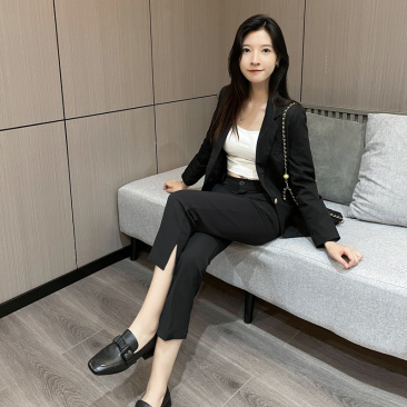 2023春夏新款高腰开叉烟管裤女九分裤宽松休闲西装裤子黑