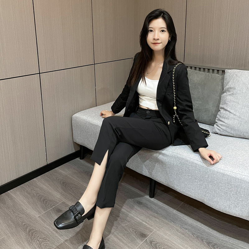 2023春夏新款高腰开叉烟管裤女九分裤宽松休闲西装裤子黑