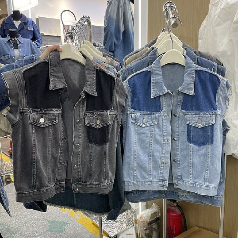 新款韩版宽松拼色复古做旧洗水牛仔马甲休闲无袖坎肩外套女潮