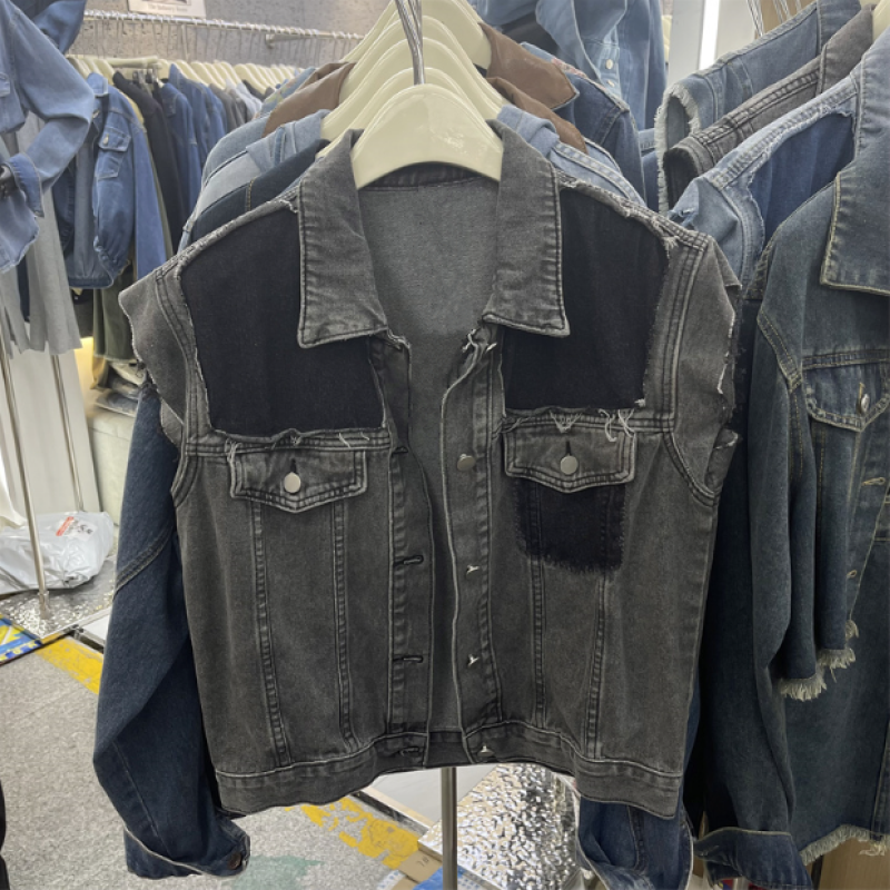 新款韩版宽松拼色复古做旧洗水牛仔马甲休闲无袖坎肩外套女潮