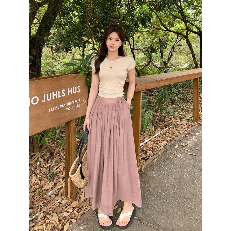 显瘦遮肉休闲套装夏装女温柔系炸街奶乖短袖T恤阔腿裙裤子两