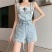 小个子牛仔背带裤女短款2023新款毛边宽松a字阔腿热裤子