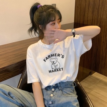 白色短袖t恤女2023年新款小熊潮ins港风设计感小众韩