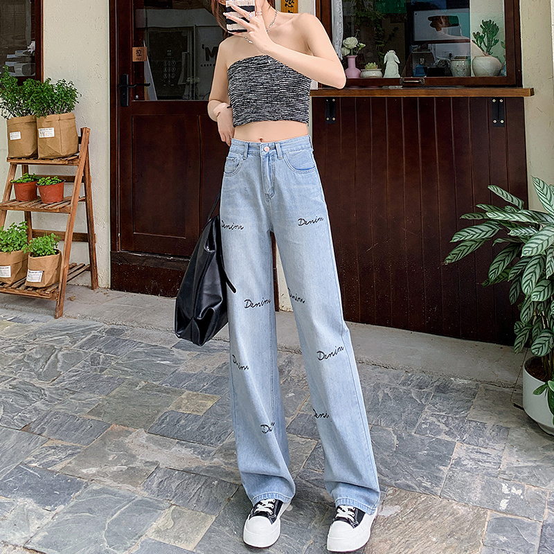 夏季薄款高腰显瘦阔腿裤2023新款牛仔裤女宽松直筒裤印花