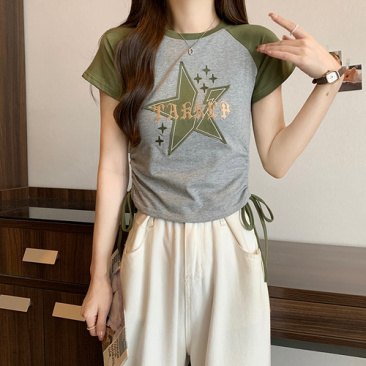 辣妹短款上衣服女夏季新款美式潮牌刺绣抽绳短袖t恤女
