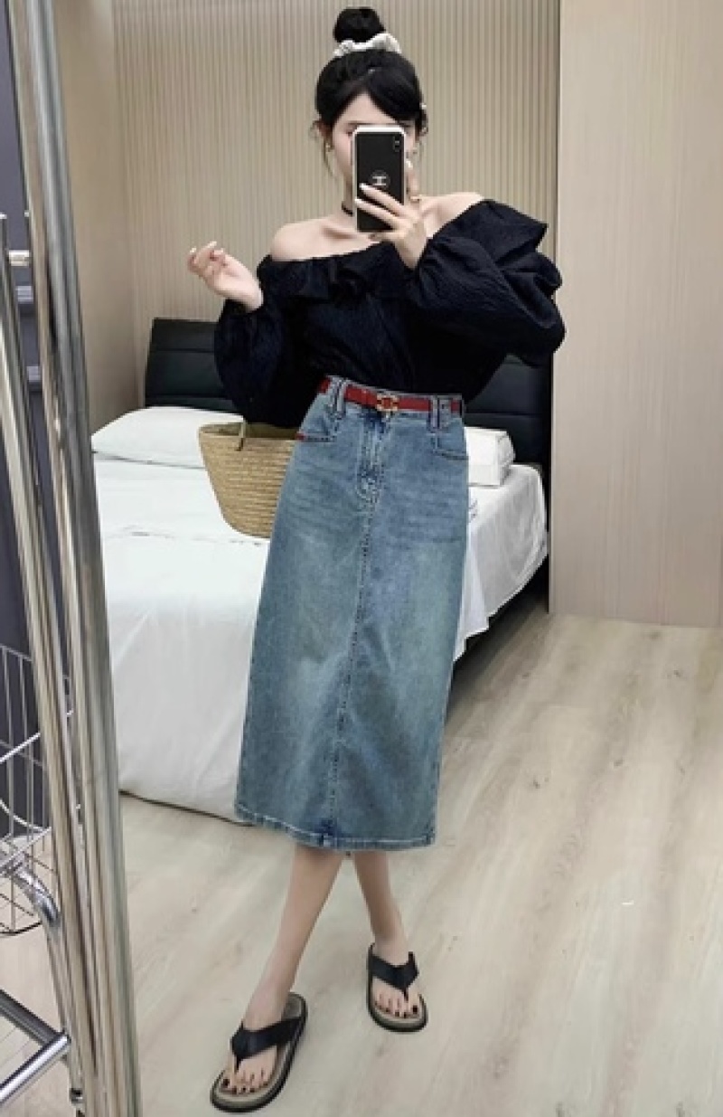 欧货2023年夏季薄款弹力A字半身裙显瘦高腰开叉牛仔中长