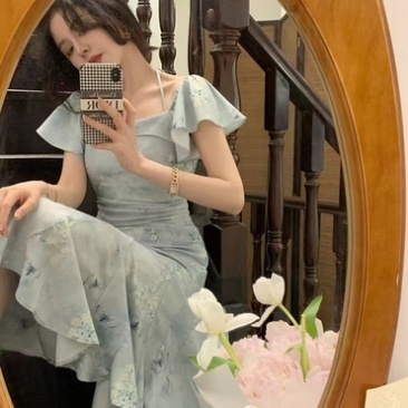 大Eees东方玉骨新中式旗袍美人鱼尾裙女夏季荷叶边收腰气
