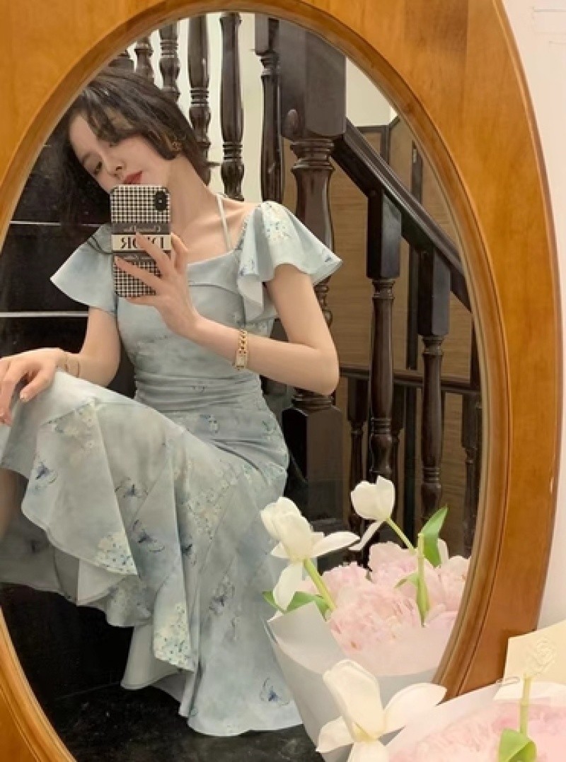 大Eees东方玉骨新中式旗袍美人鱼尾裙女夏季荷叶边收腰气