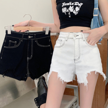 牛仔短裤女2023夏季弹力高腰明线破洞流苏A字阔腿包臀热