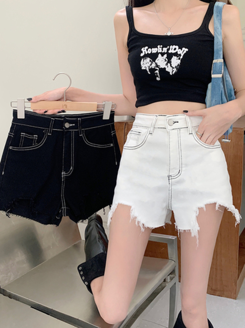牛仔短裤女2023夏季弹力高腰明线破洞流苏A字阔腿包臀热