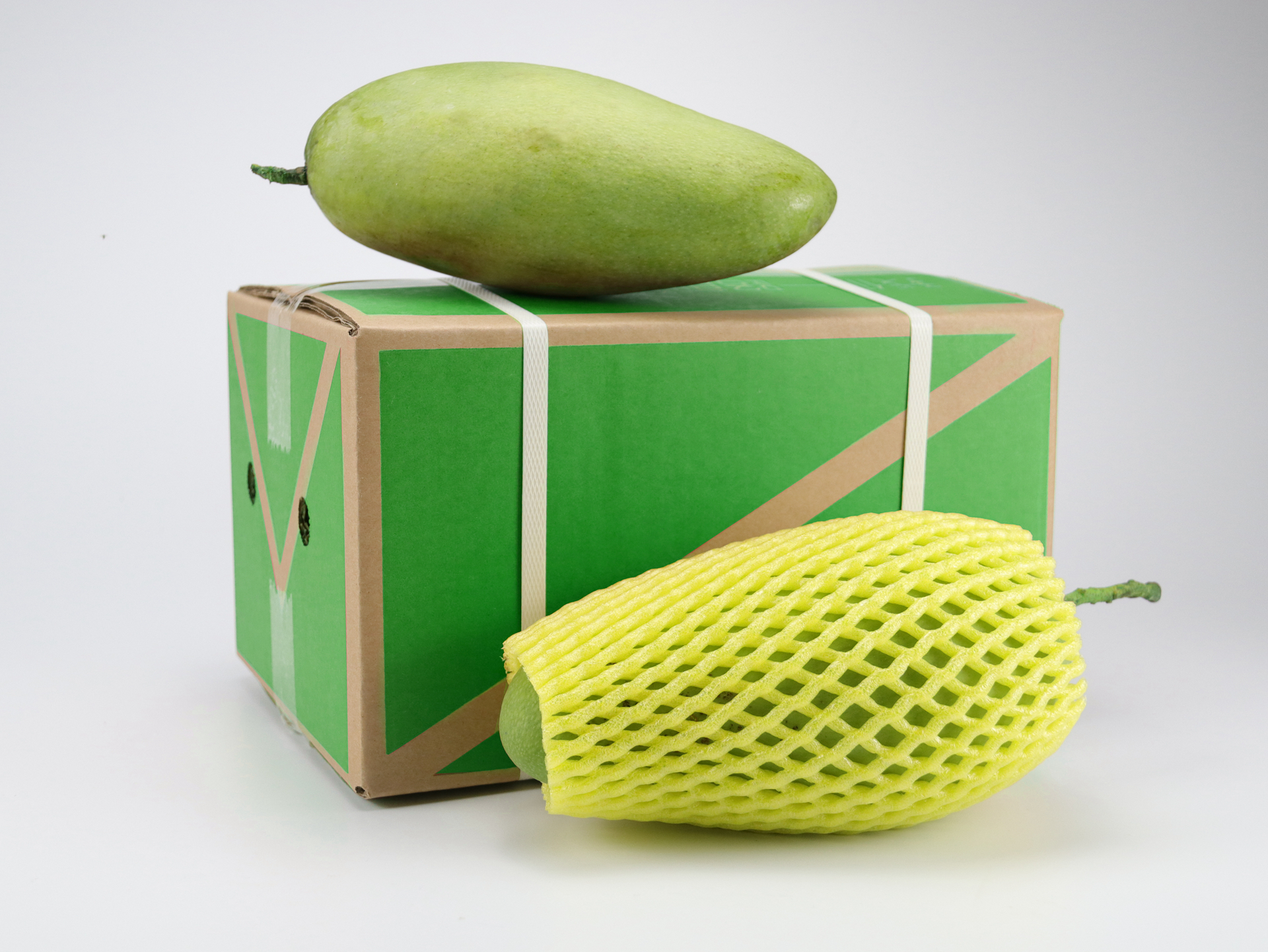 展示几颗小台芒被纸巾包裹并放入保鲜盒中,旁边有温度计和湿度计 小台芒保鲜包装示意图