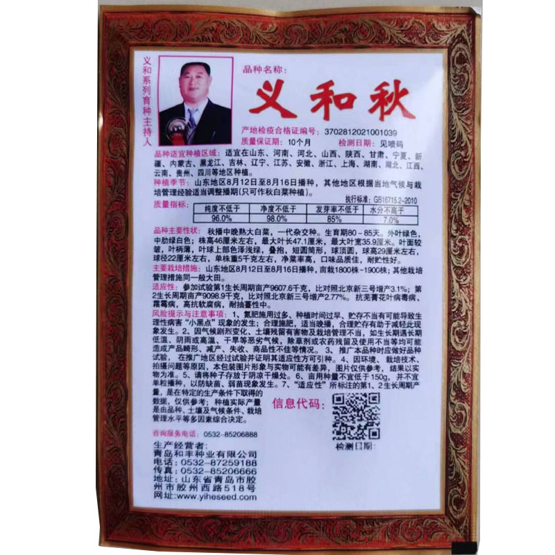 义和秋大白菜种子胶白8号义和78老品牌北方秋季精品