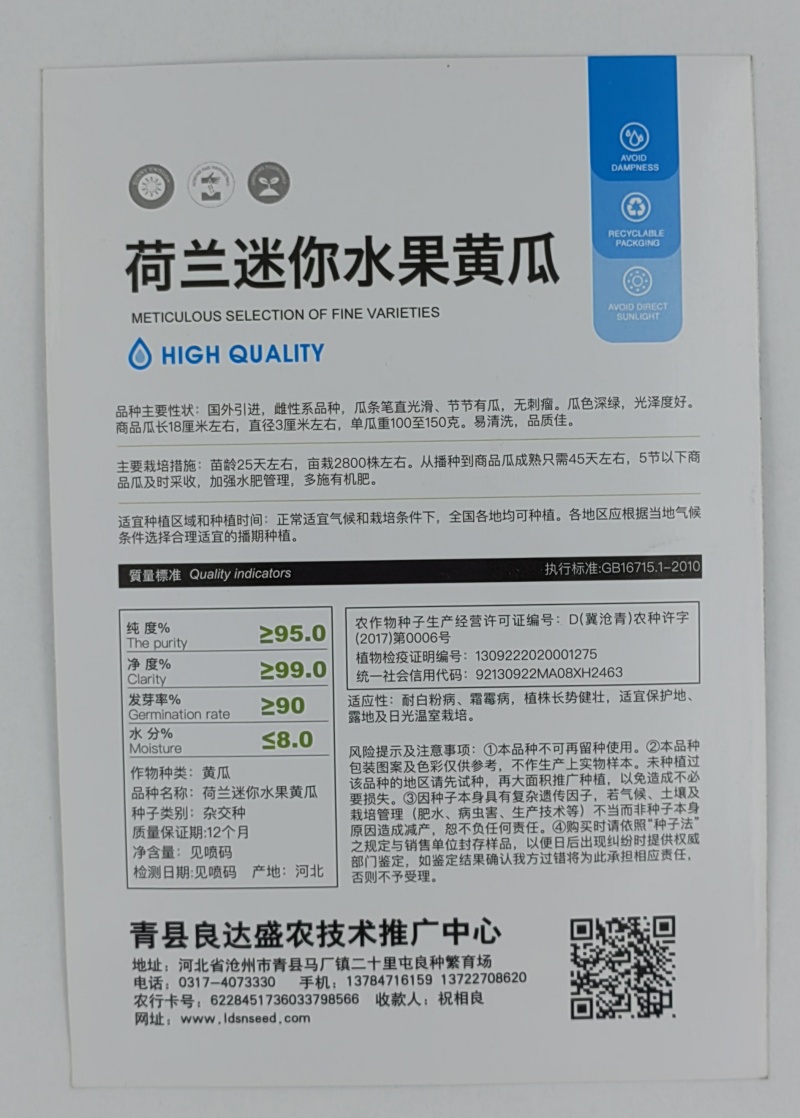 荷兰迷你水果黄瓜种子瓜条笔直光滑节节有瓜无刺瘤