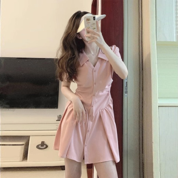 粉色polo领连衣裙女夏季设计感小众小个子褶皱收腰显瘦a
