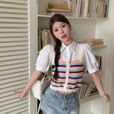 价新款设计感韩版别致拼色条纹假两件上衣针织衫短袖衬衫