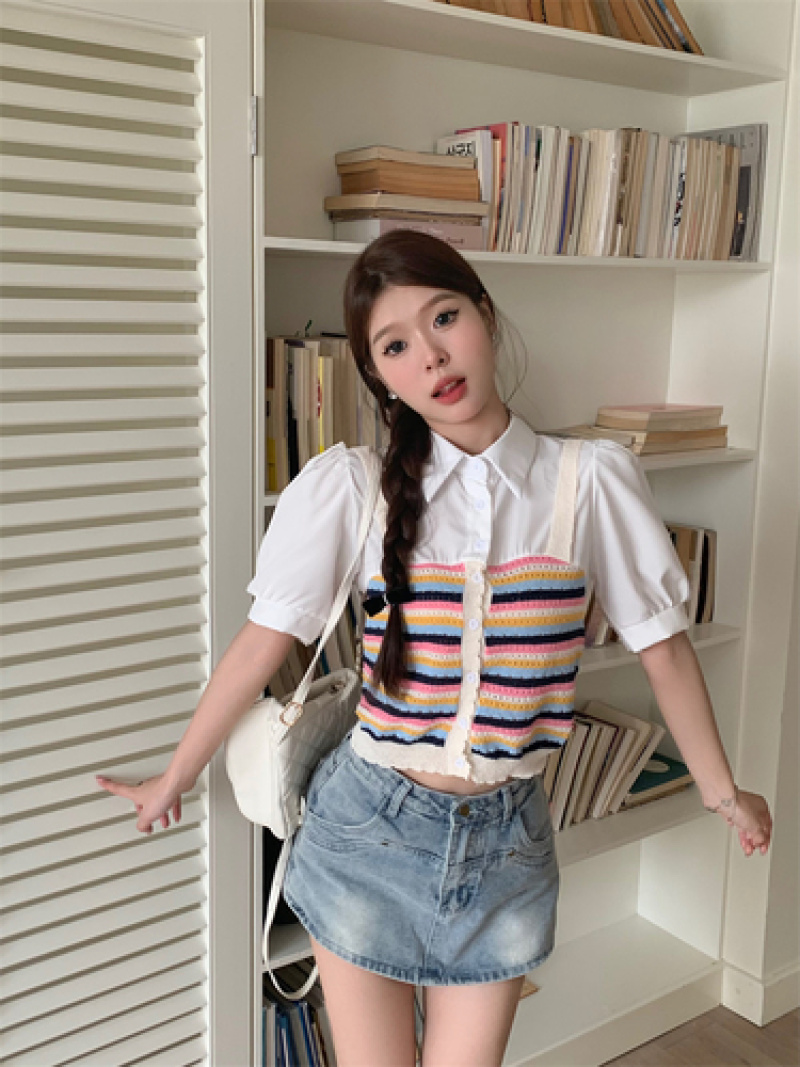 价新款设计感韩版别致拼色条纹假两件上衣针织衫短袖衬衫