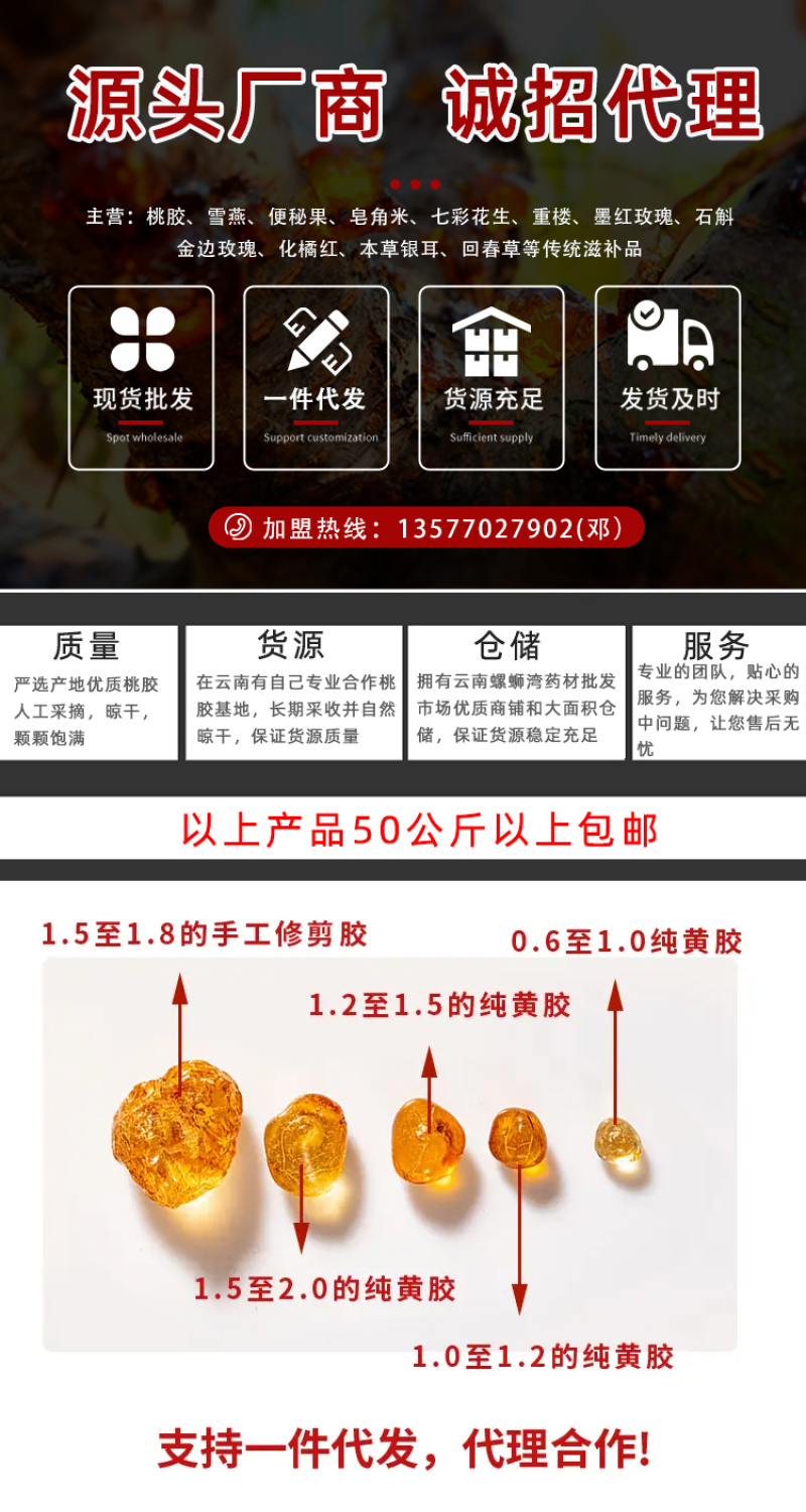 精选黄桃胶大中小珍珠颗粒桃胶现货供应量大价优