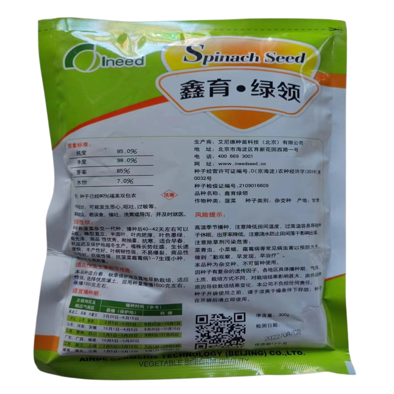 大叶菠菜种子鑫育绿领抗热菠菜种子耐寒春夏秋冬高产