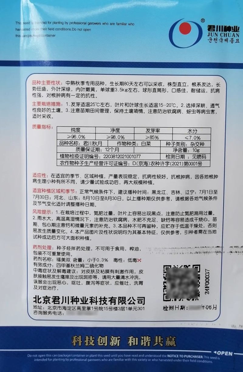 君川秋月黄心大白菜种子中熟秋季80天外叶深绿内叶嫩黄
