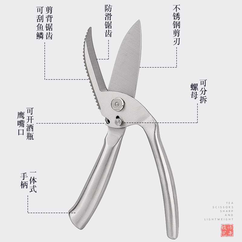 不锈钢强力鸡骨剪刀自动回弹厨房家用剪全钢食物剪子防拆01