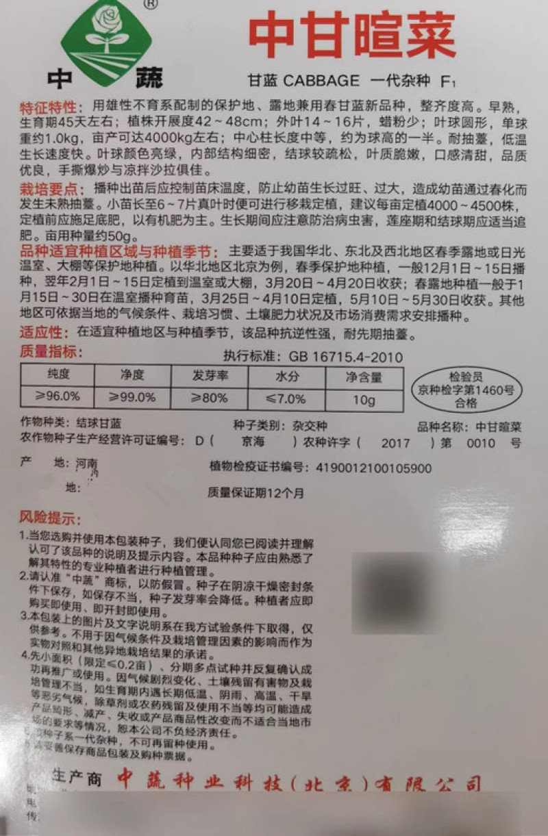 中甘暄菜包心菜种子早熟春播45天耐寒耐抽苔甘蓝种子