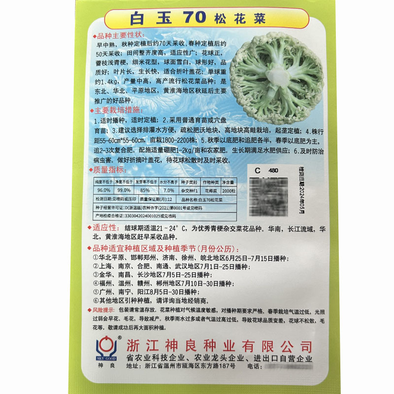 白玉70松花菜种子白青梗耐寒散花球面雪白70天上市