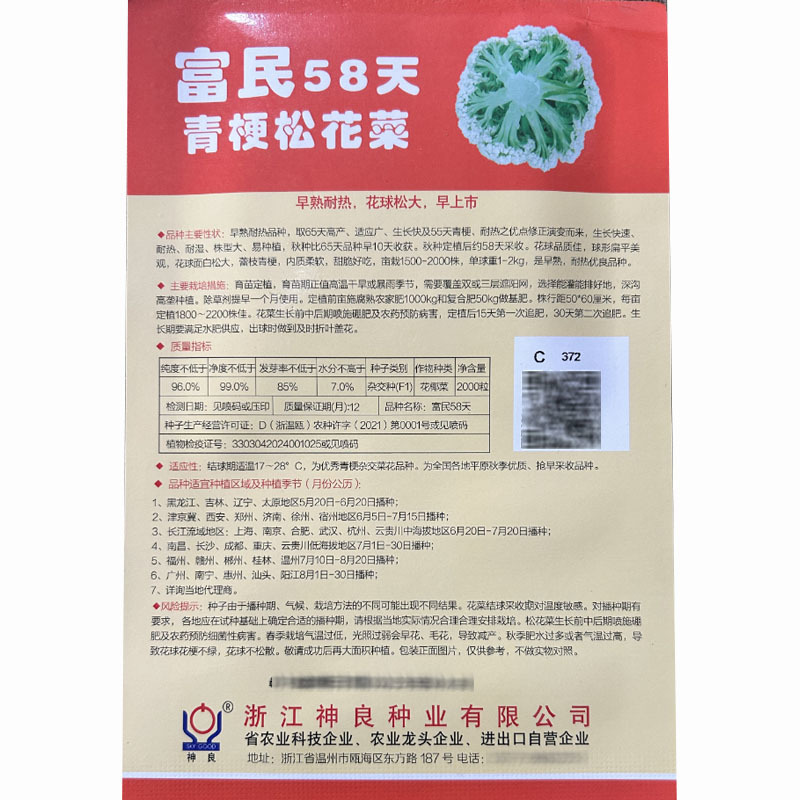 富民58天青梗松花菜种子早熟耐热耐湿大田基地品种