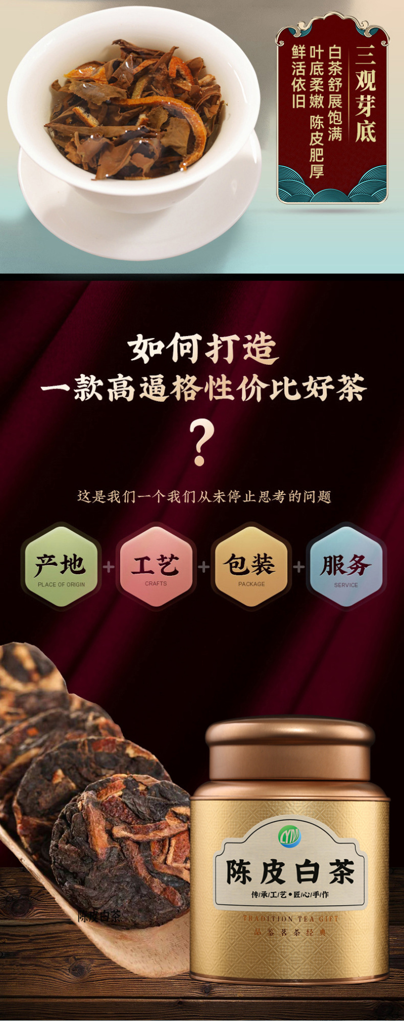 福鼎陈皮白茶老白茶独立小方片高山寿眉贡眉紧压茶叶400g