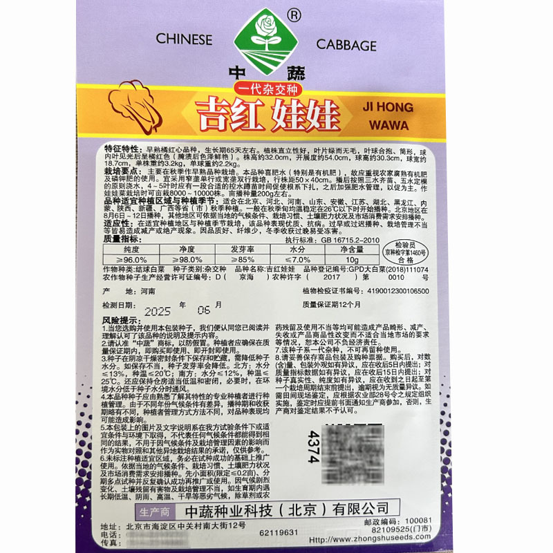 吉红娃娃白菜种子10g秋播早熟橘红心娃娃纤维少大田
