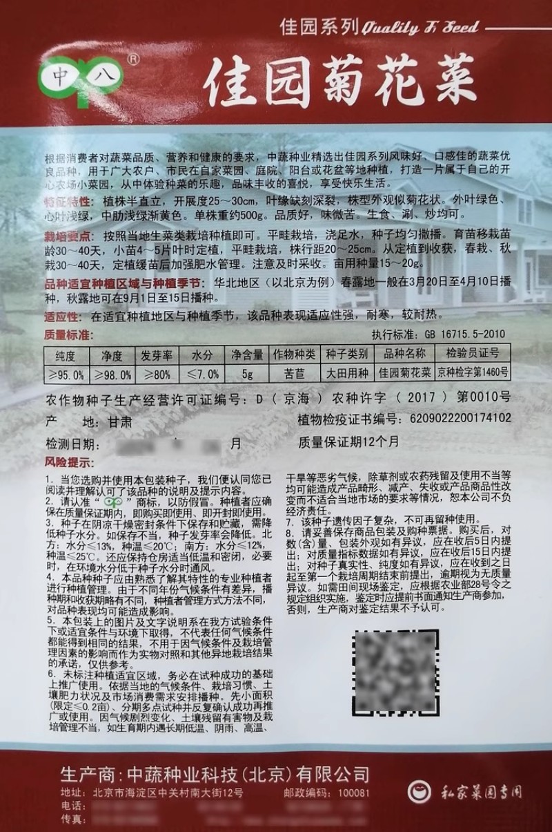 中蔬佳园菊花菜种子苦菊菜花叶苦苣种籽心叶浅绿微苦四季蔬菜