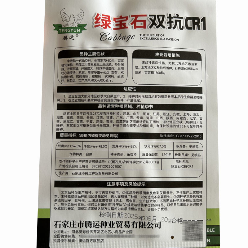 绿宝石双抗CR1青叶大白菜种子20g中晚熟抗根肿绿帮白菜