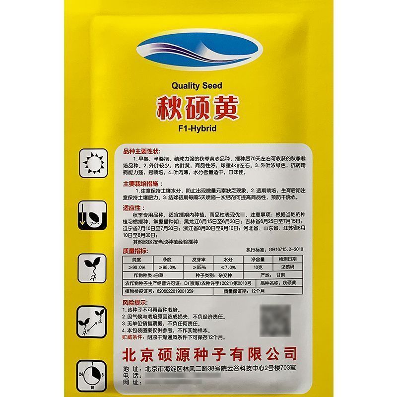 秋硕黄心大白菜种子芯叶嫩黄大白菜种子大田基地种植