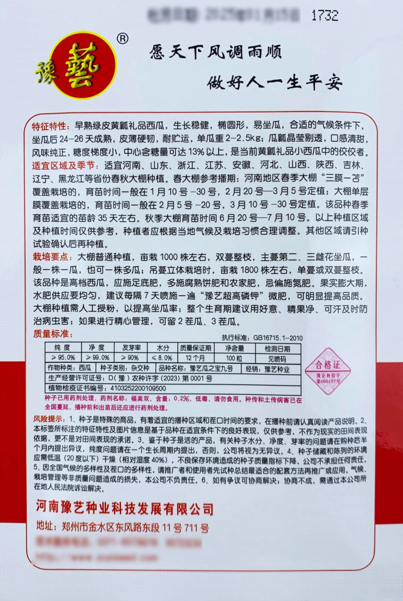 瓜之宝九号西瓜种子水果黄瓤西瓜种籽四季绿皮黄心麒麟瓜种子