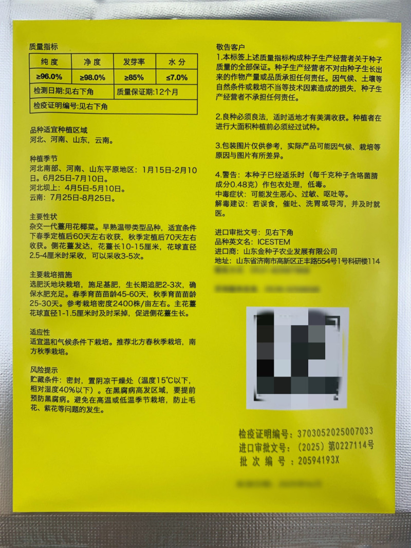 先正达进口冰薹1号花椰菜杂交种子甜脆薹用花椰菜种子籽