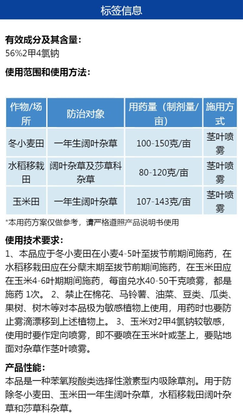 帆邦56%2甲4氯钠小麦水稻移栽玉米田一年生阔叶杂草强力