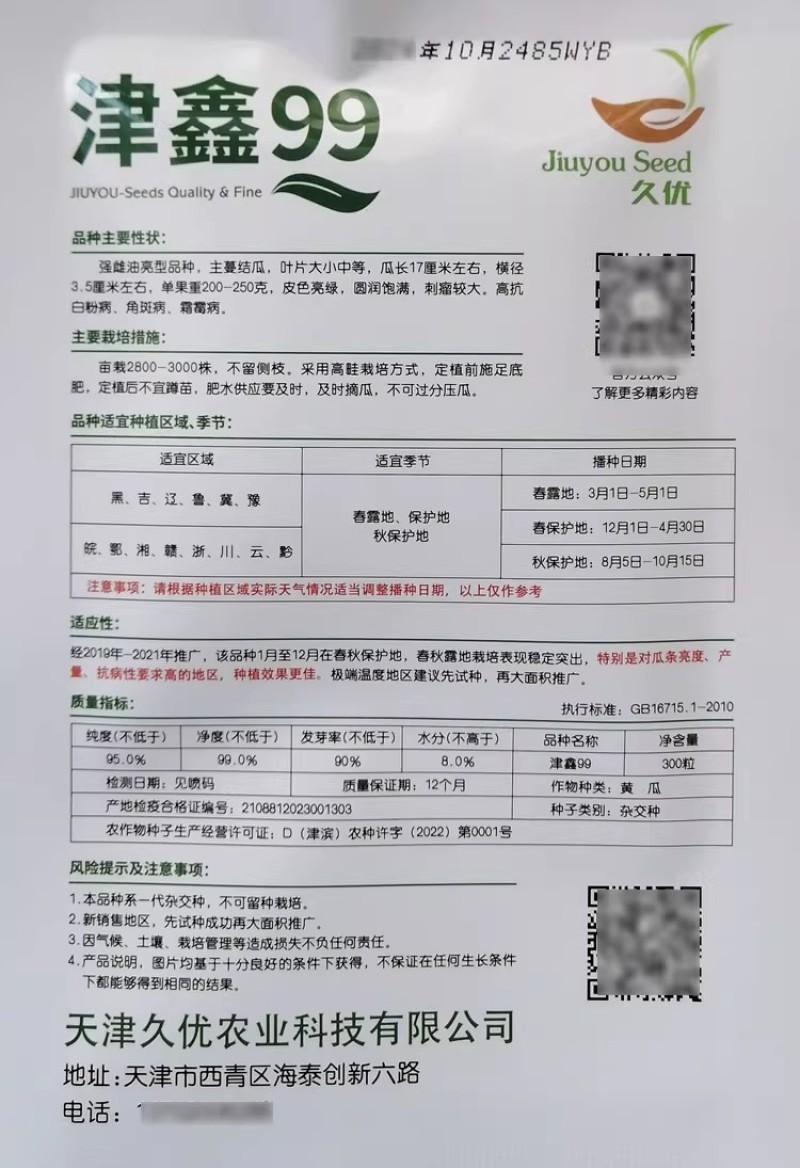 津鑫99强雌油亮型大刺瘤水果黄瓜种子春秋抗病旱黄瓜种子