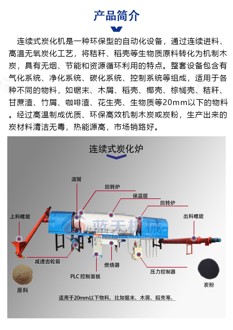 连续式椰壳炭化炉腰果壳板栗壳碳化炉椰壳破碎炭化成型线
