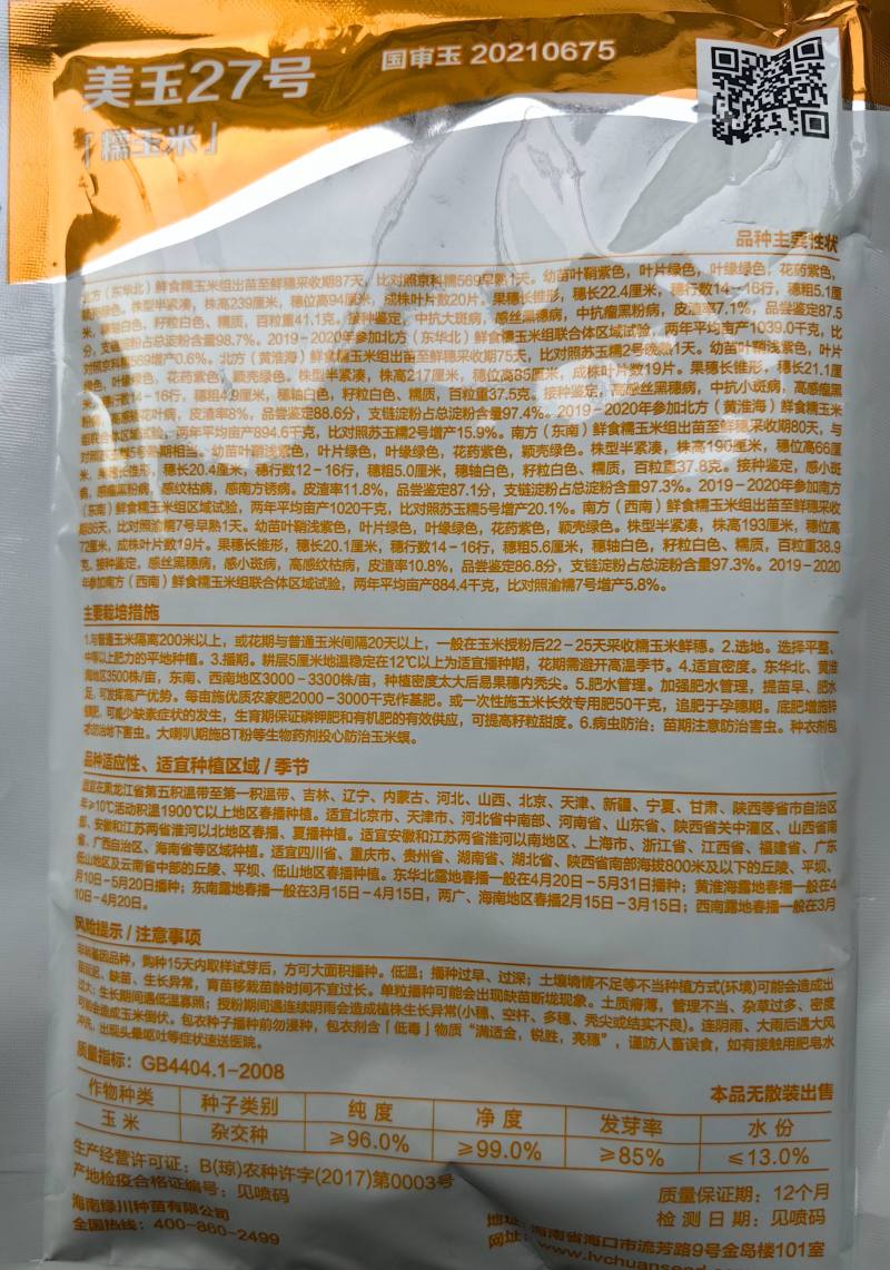 美玉27糯玉米种子国审矮杆大棒甜糯早熟白糯27号玉米种籽