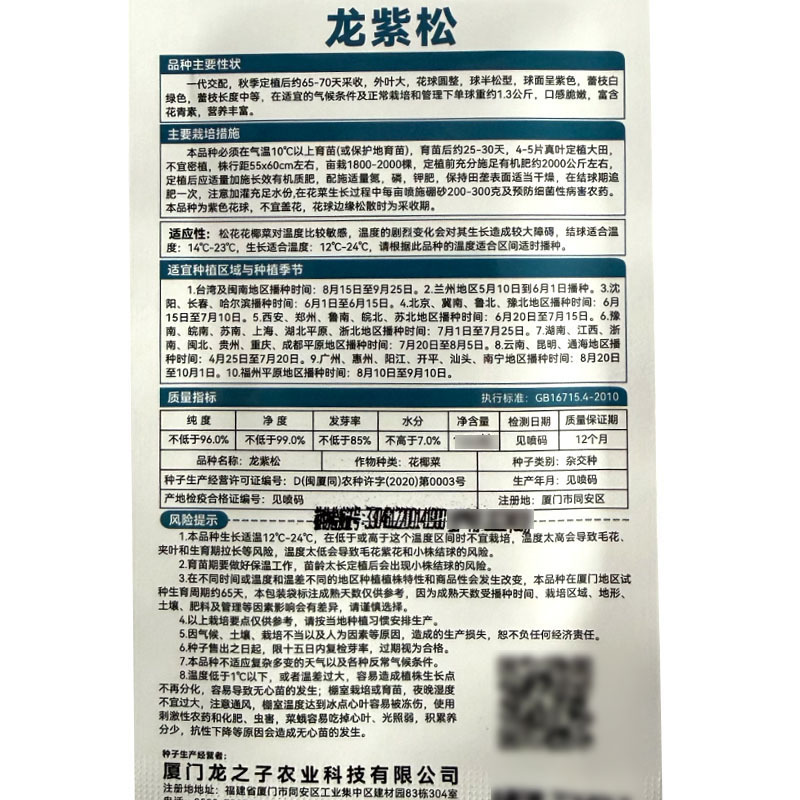 紫色花菜种子65天免盖球露地种植早熟龙紫松花椰菜种子