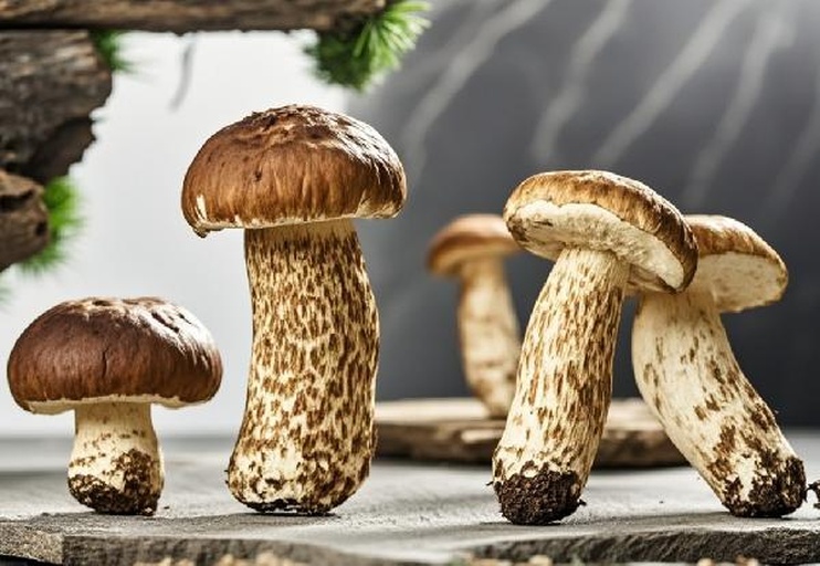 高清特写镜头下展示新鲜松茸与美味牛肝菌并列摆放的实物对比图,左侧为浅黄褐色、菌盖紧闭、菌柄粗壮带鳞片的松茸;右侧为棕红色菌盖、白色菌管层、粗短菌柄的美味牛肝菌;背景为森林腐殖土环境,突出自然生长氛围 松茸与牛肝菌对比图
