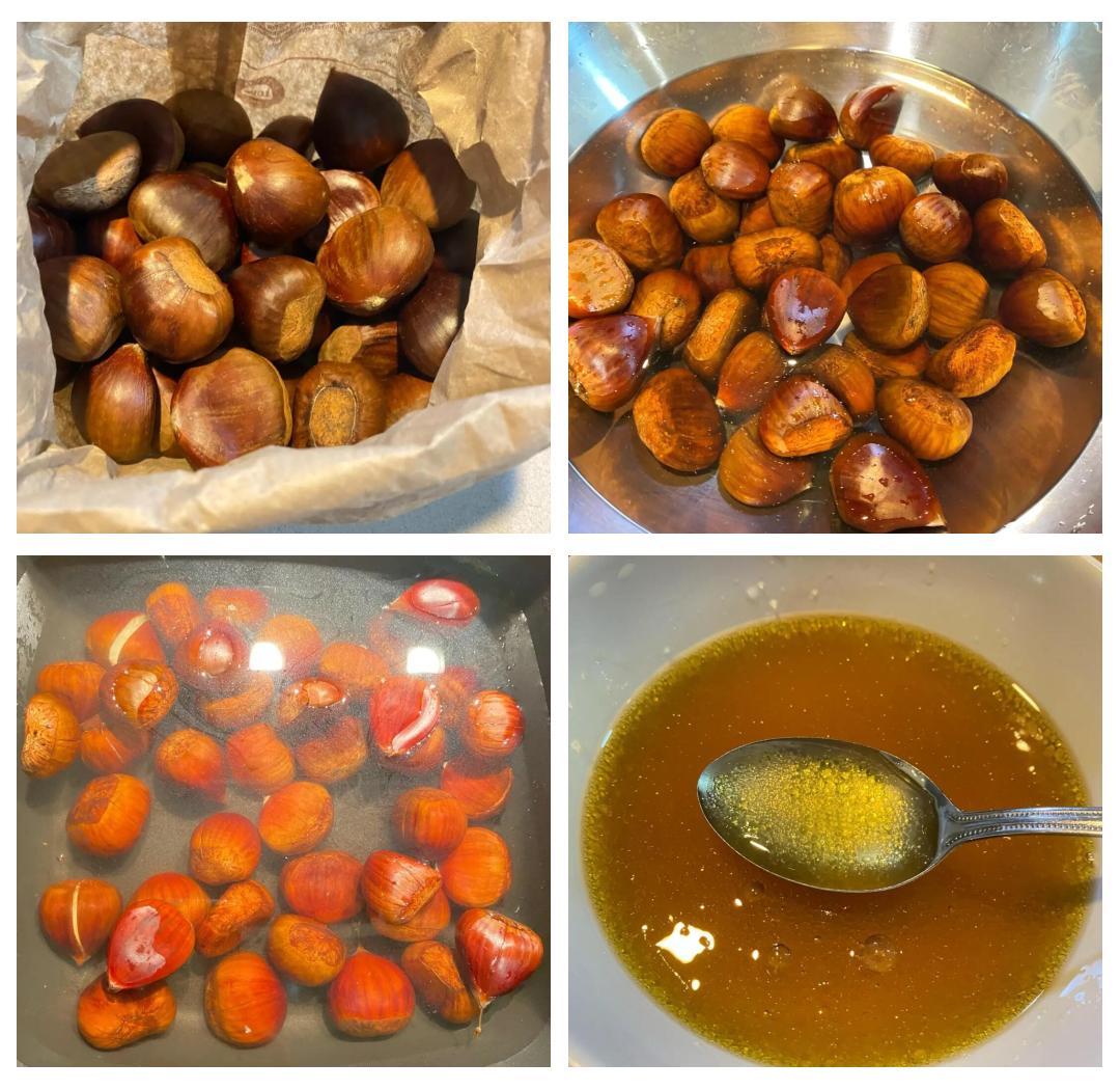 板栗夹制作过程图,展示从板栗去壳、打泥、混合糯米粉、包制到煎制的全过程 板栗夹制作过程图
