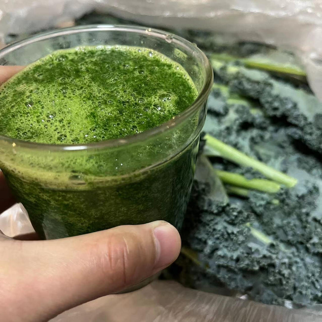 科学对照摄影:同一批次羽衣甘蓝汁在不同储存条件下的理化变化,直观呈现‘生榨汁’的高活性与高敏感性,强化‘现榨现饮’健康提示 冷藏保鲜对比图:左侧为刚榨出的鲜翠羽衣甘蓝汁,色泽明亮通透;右侧为室温放置2小时后的同款汁液,明显褐变、表面泛微泡、边缘出现絮状沉淀